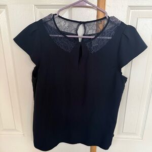 Ann Taylor Black Lace Yoke Flutter Sleeve Top